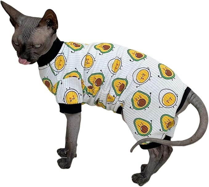 Sphynx Cat Four Leg Cotton Pajamas Elastic Pet Clothes for Hairless Cats Surgery Recovery Suit Cat Undershirt Clothes for Sphynx, Devon, Cornish (Egg & Avocado, S)