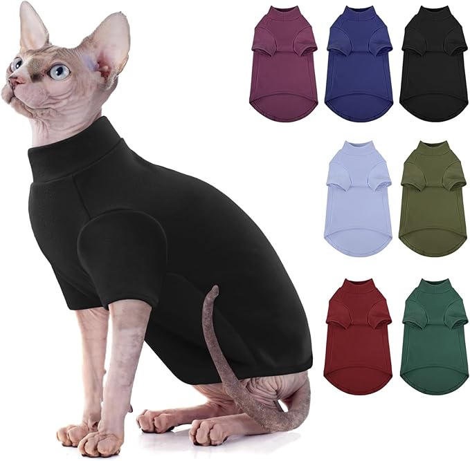 Turtleneck Sweater for Cat, Sphynx Cats Shirt Hairless Cat Sweaters with Sleeves, Warm and Soft Kitten Pullover Fleece Winter Pajamas Jumpsuit for Puppy Cats, Black XL