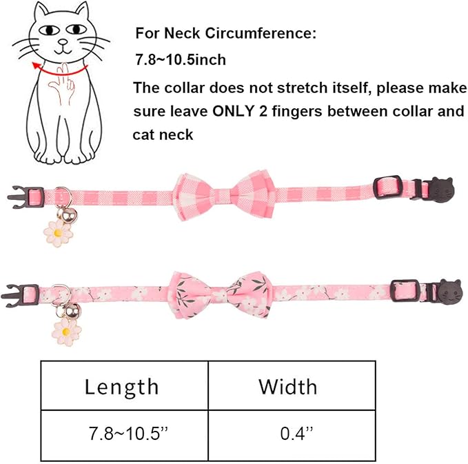 PTDECOR Pink Cat Collar Breakaway with Cute Bow Tie Bell Charm, Plaid Flower Cat Bowtie Collars for Cats Kittens (Pink)