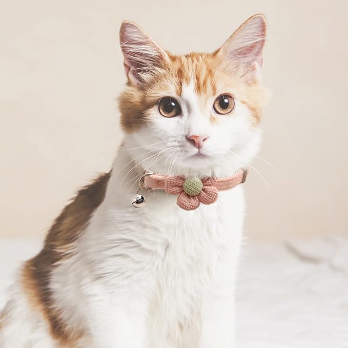 3 PCS Kitten Collar with Bell Cat Collar with Flower Charms Adjustable Suede Cute Cat Collar for Puppy or Cat (Pink, White, Green)