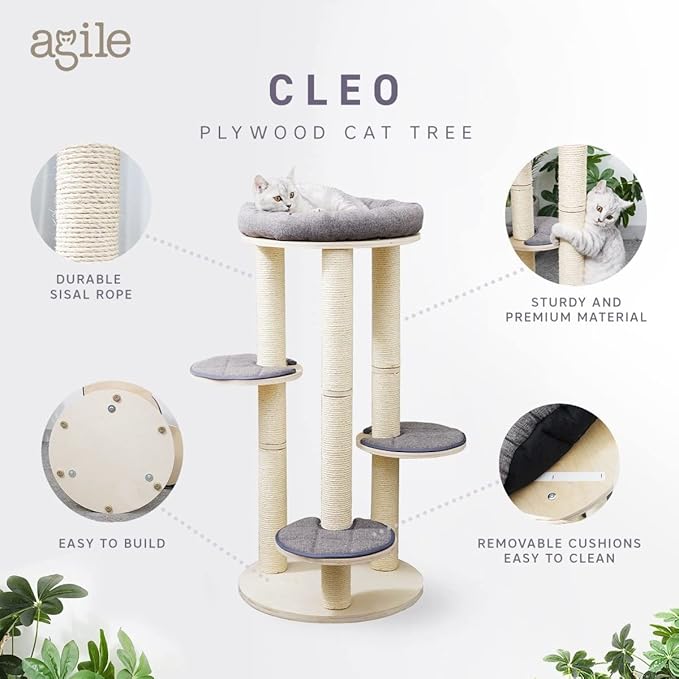 AGILE 40" Real Pine Plywood Cat Tree Tower with Scratching Climbing Posts (Cleo)