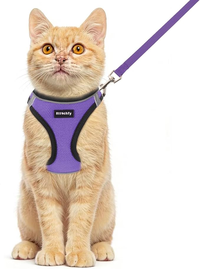 Rttochfy Cat Harness and Leash Set, Escape Proof Kitten Harness, Soft and Breathable Vest with Reflective Strip, Easy to Wear for Cats Walking and Traveling (BK Dark Purple, XS)