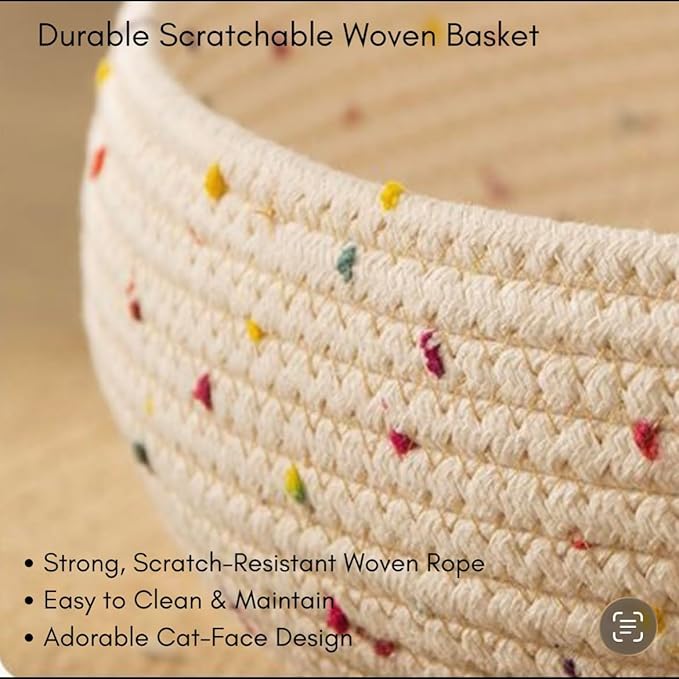 Cat Bed for Indoor Cats, 2-in-1 Cat Scratcher Bed, Round Washable Woven Basket with Soft Cushion, Cozy Kitten Bed, 17.7" x 5.9"