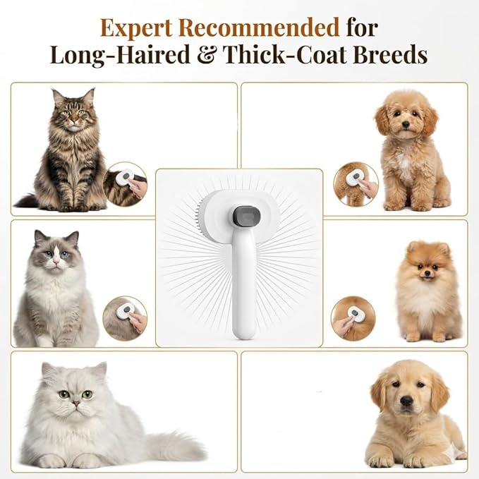 Prime Pets Cat Brush for Shedding, Self-Cleaning Slicker Brush for Long and Short Haired Indoor Cats, Fine Comb Protective Case Included