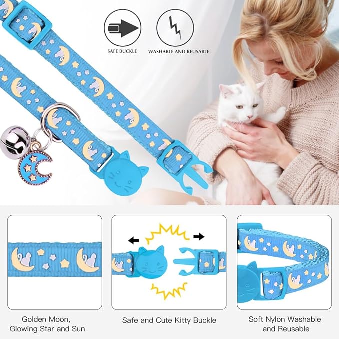 Baeuppit 2Pcs Breakaway Cats Collars Cat Collars for Boy Cats Adjustable Kitten Collars with Bell,Black+Light Blue