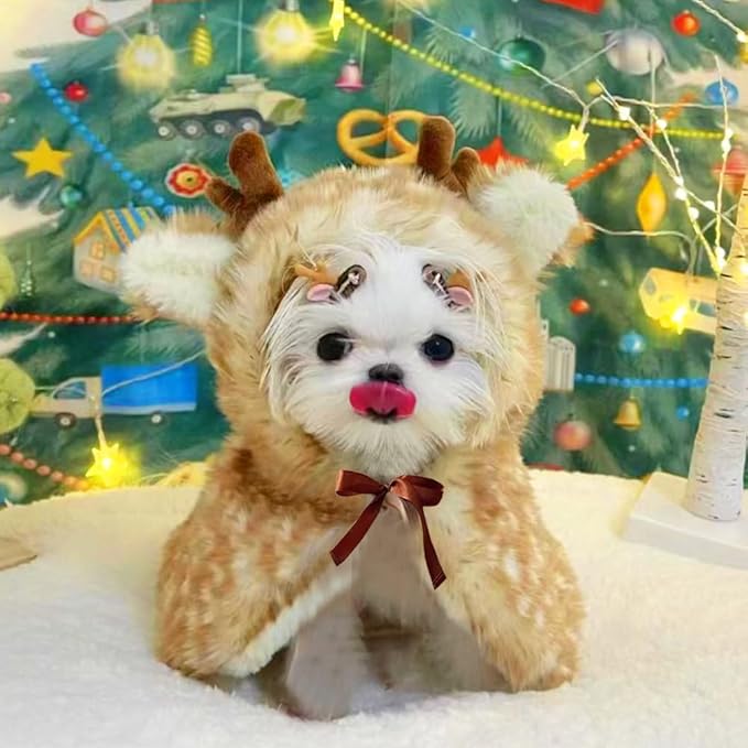 ANIAC Christmas Puppy Reindeer Costume Xmas Dog Elk Cloak with Antlers Cat Santa Cape Christmas Dog Outfit for Small Medium Dog (Medium, Brown)