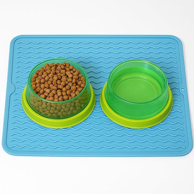 Silicone Pet Feeding Mat for Dogs, Cats, Small Animals, Non-Slip Waterproof Food and Water Mat with Raised Edge, BPA-Free Convenient Hook Storage by Dependable Industries (Sky Blue, 12 x 16 inch)