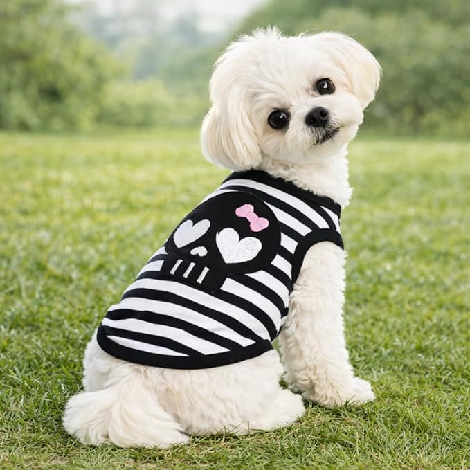 Petitebella Black Skull Face Puppy Dog Shirt (Stripes, X-Large)