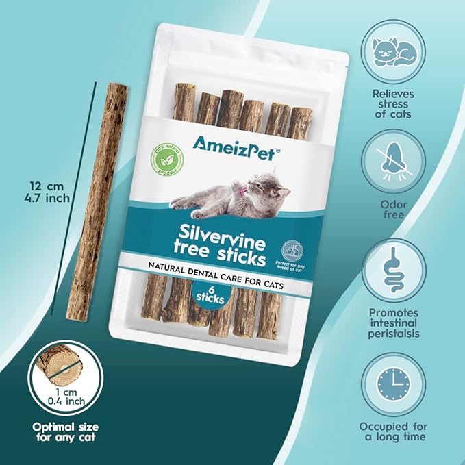 AmeizPet Catnip Sticks for Cats, Cat Dental Chew Sticks - Natural Matatabi Cat Dental Care, Silvervine Cat Teeth Cleaning (6 pcs)
