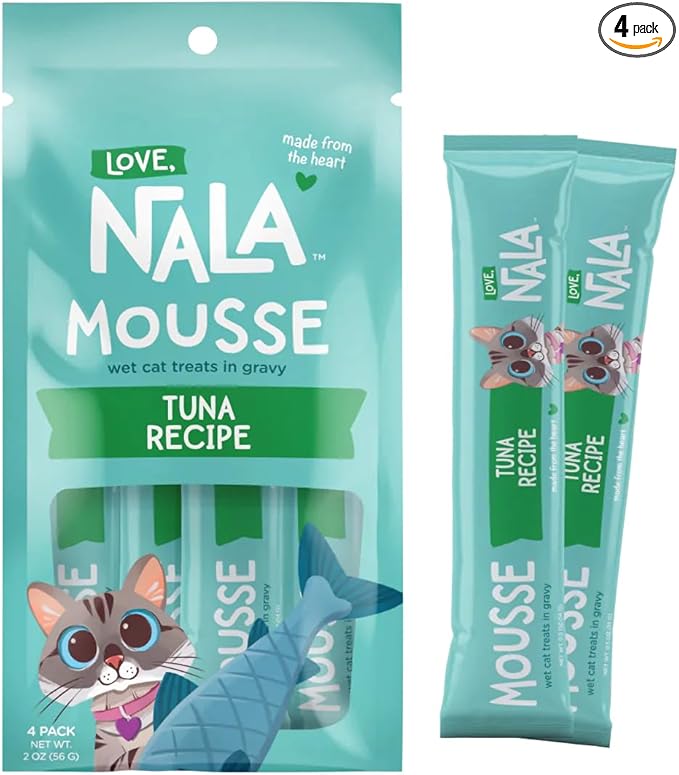 Love, NALA - Natural Lickable Cat Squeeze Up Treat,Topper - Tuna Mousse - Wet Food Cat Puree - Grain Free, Non-GMO, Minerals, Vitamins - 4 Pack 2 oz.