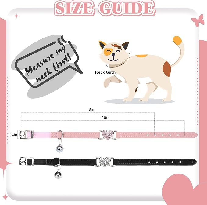 BINGPET 2 Pack Diamond Cat Collar with Bells and Safety Belt, Adjustable Soft Velvet Kitten Collar with Bling Heart Jewelry, Cute Black & Pink Cat Collars for Girls & Boys(Neck Girth 8"-10")