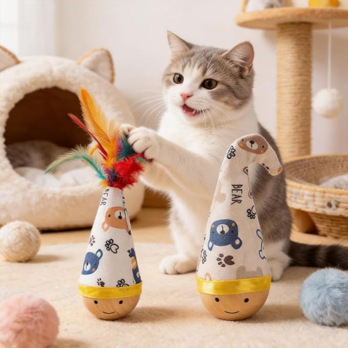Wooden Interactive Cat Toy, 2 Pack Tumbler Wobble Toy for Indoor Cats and Small Dogs, Self-Righting with Colorful Feathers