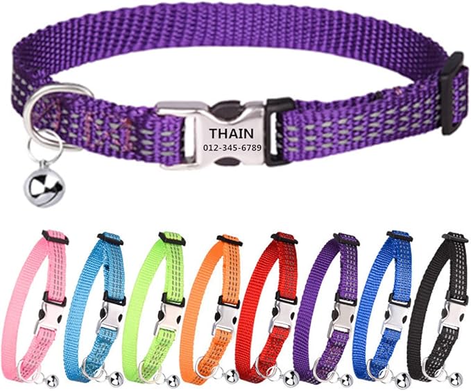 THAIN Cat Collar Personalized Reflective with Bell-Custom Cat Collar Engraved nameplate with Name and Phone,Adjustable for Cats and Kitten (Purple)
