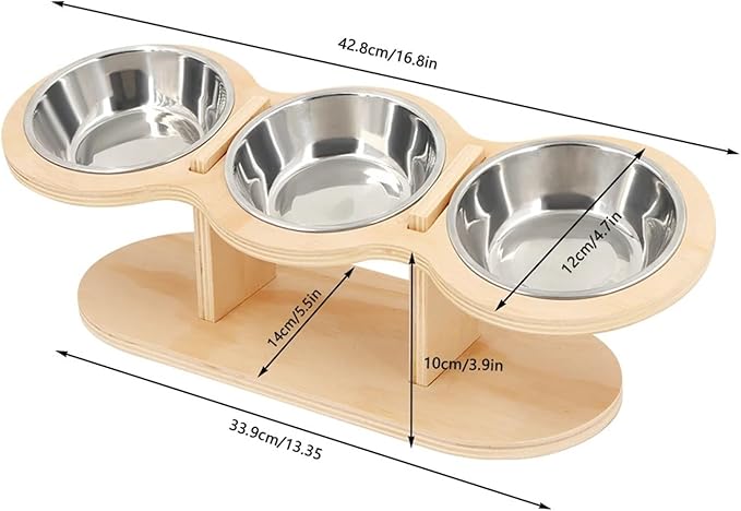 Tilt Raised Cat Bowl Dog Three Slot Wooden Pet with Stand 3 Stainless Steel Bowls for Cats and Puppies