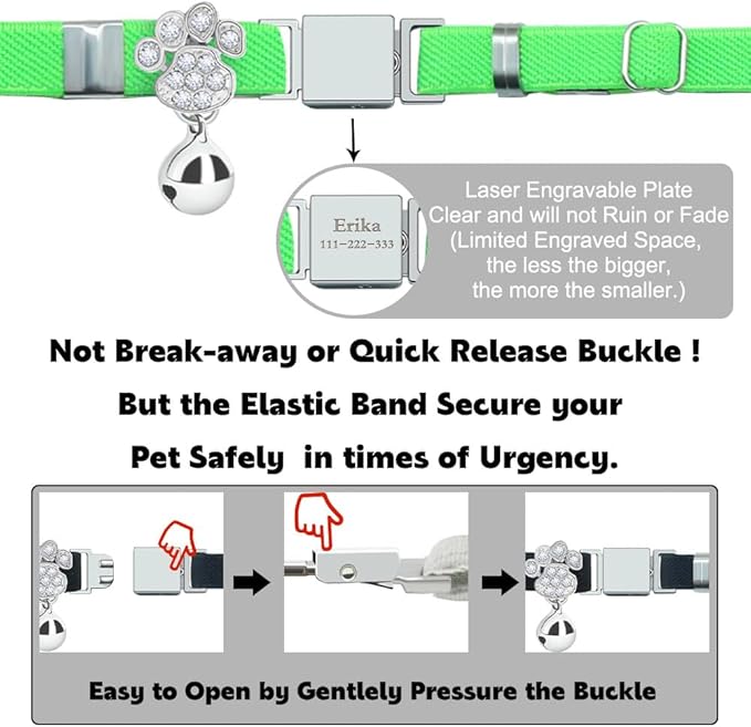 Personalized Safety Elastic Cat Collars with Bell,Laser Customized Stretch Kitten Collars for Girls Boys Cats-Light Green