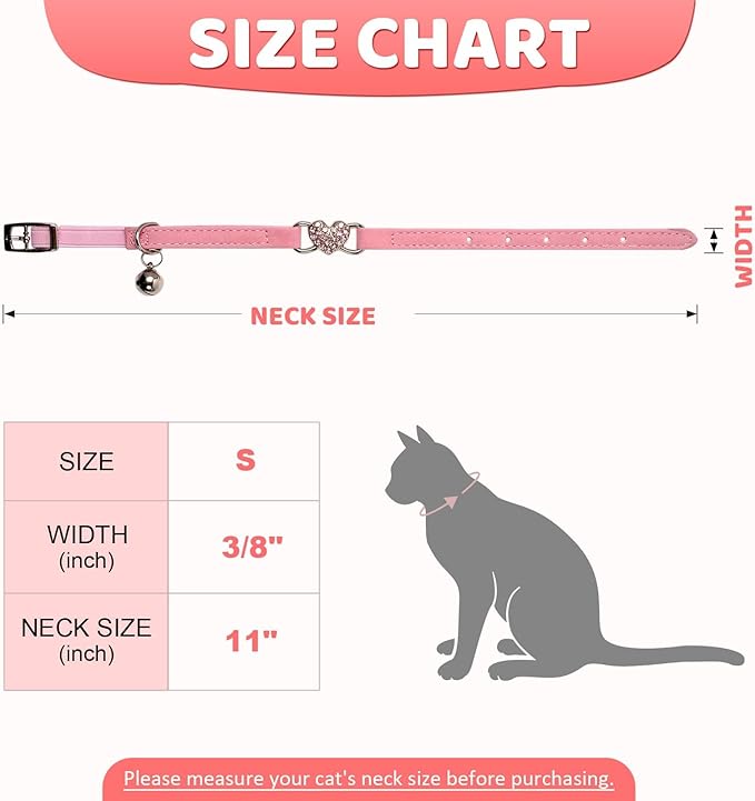Valentine's Day Heart Bling Pink Cat Collar with Safety Belt and Bell, 3/8" Width Cute Adjustable Collar for Small Dogs and Kitten Cats, S