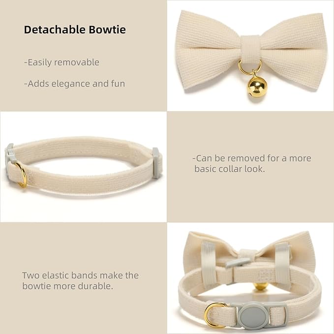 Soft Corduroy Cat Collar, Plaid Pattern, with Bell and Bowtie, Quick Release,Safety Breakaway Clasp, Adjustable for Kitten and Cats.(White+Green)