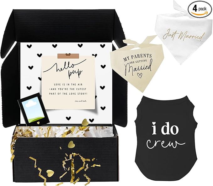 Dog Bridal Wedding Gift Box – 2 Cotton Bandanas (My Parents are Getting Married, Just Married) 1 I Do Crew Dog Tee & Magnetic Photo Frame 2.5" x3,5|Black, Large 382