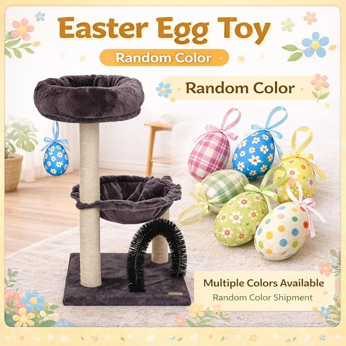 Simple Deluxe 27.8" Small Cat Tree with Easter Eggs,Multi-Level Cute Cat Tree with Scratching Post| Plush Hammock| Perch| Random 3 Pcs Easter Eggs| Groomer Brush for Kittens Play & Rest