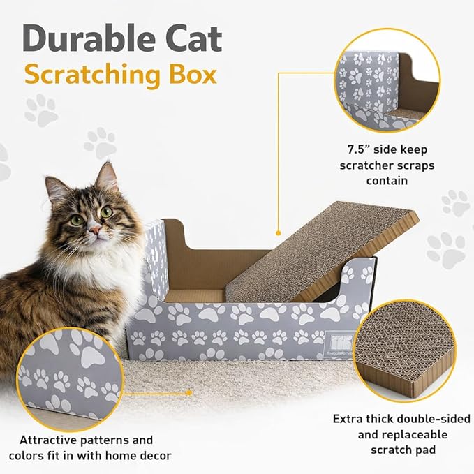 SnuggleSpruce Cardboard Cat Scratcher Box & Bed – 2-in-1 Reversible Scratch Pad for Indoor Cats – Heavy Duty Corrugated, Furniture Protector, 16"x13"x7.5", Gray