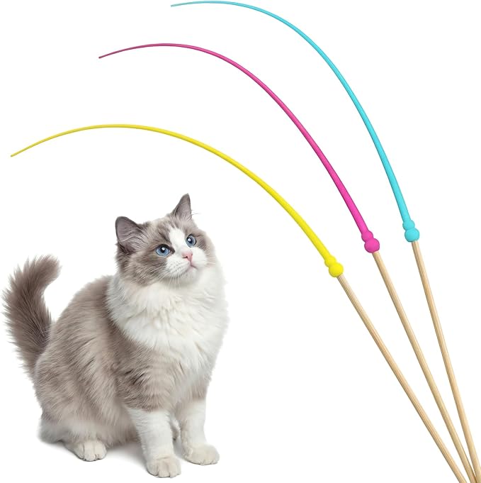 Larrel Silicone Cat Toys Wand, 3 Pcs Cute Colorful Cat Teaser Wand, Lightweight Silicone Cats Wands Toy for Indoor Cats Kittens Chase Exercise