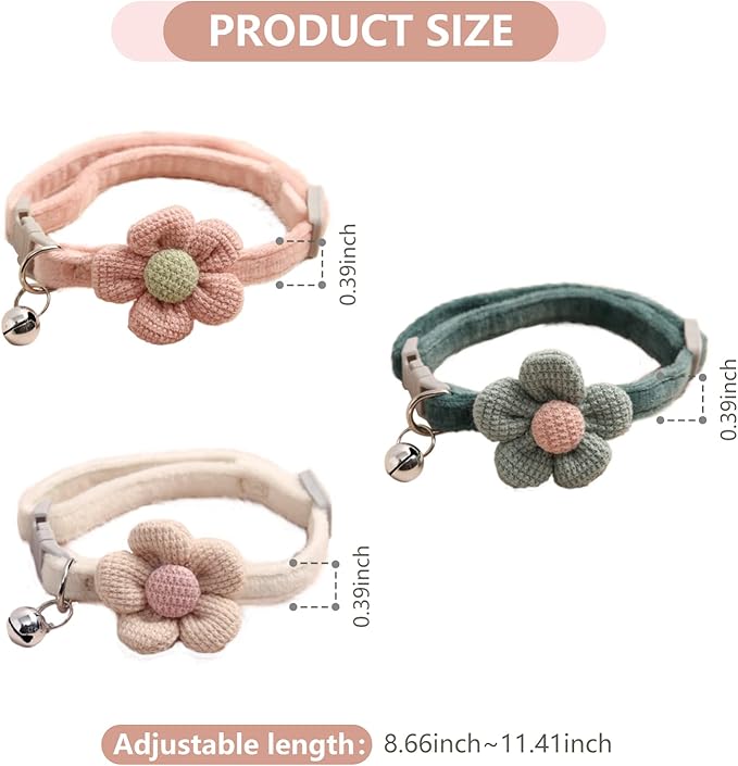 3 PCS Kitten Collar with Bell Cat Collar with Flower Charms Adjustable Suede Cute Cat Collar for Puppy or Cat (Pink, White, Green)