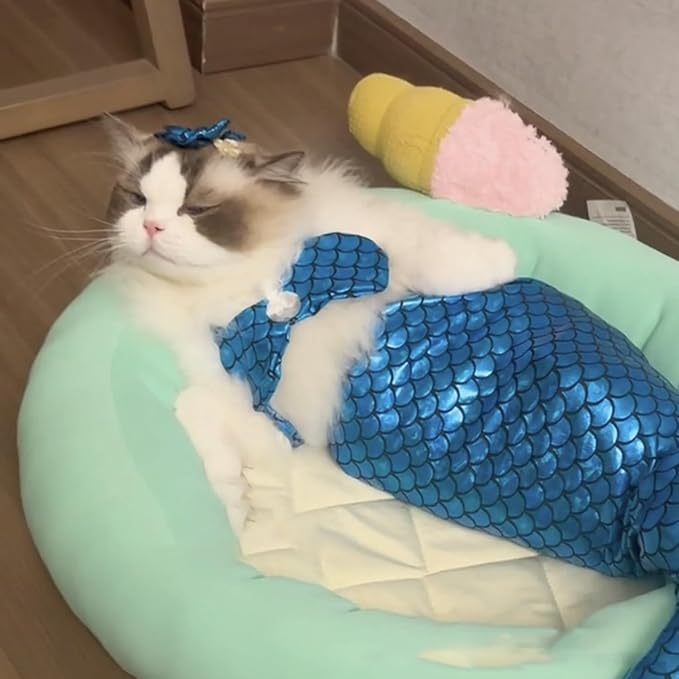 Cat Mermaid Costume Creative Cat and Dog Costumes Funny Fishtail Dress Puppy Mermaid Dress Pet Mermaid Costume Humor Photo Props for Cats and Dogs, Polyester, Blue, One Size (5-13 lbs)
