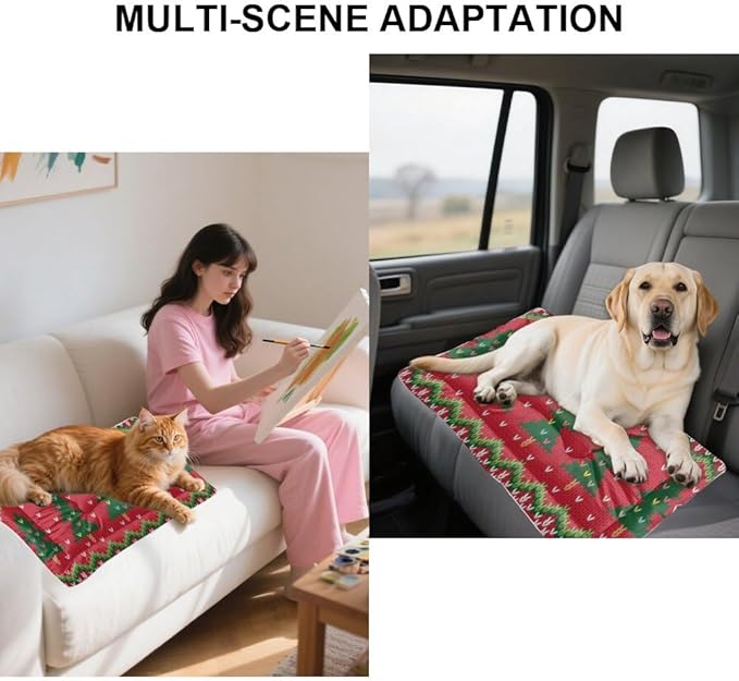Christmas Knit Tree Pet Bed Mats Cat Mats for Sleeping Car Dog Pads Rectangle Dog Bed Non- Slip Bottom Pet Winter Supplies Multi- Scenario Crate Pad Gift Printed Big Beds 24× 18 Inch