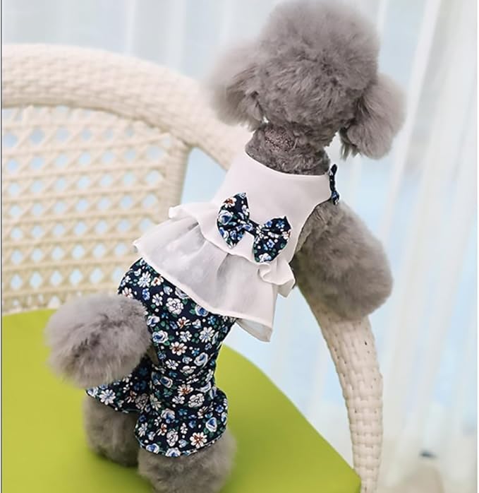 Vintage Floral Bowknot Sleeveless Romper for Small Dogs Cats Rabbits, Breathable Cotton Ruffle Flared Pants, Teacup to Small-Medium Pets for Walk Photo Vacation (Blue-Floral, Small)