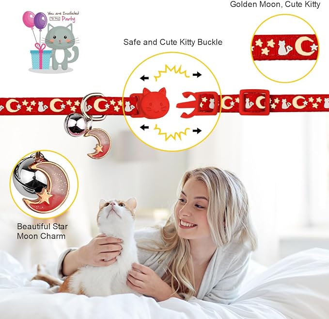 Baeuppit 2PCS Breakaway Cat Collars with Bell Cute Kitty Glow in The Dark Adjustable Kitten Collars 7.9-13.0 Inch(Red&Purple)