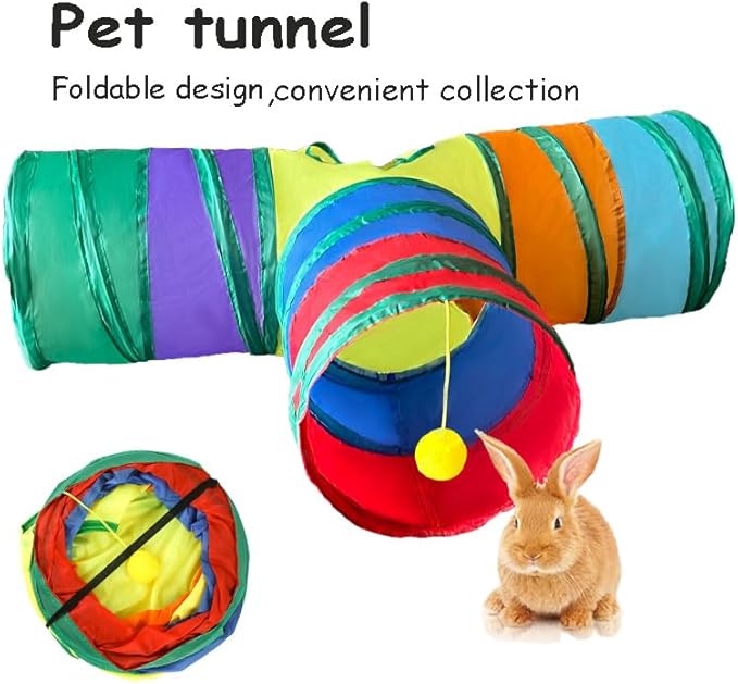 Cat Tunnel Tube Toy Collapsible 3 Way Rainbow T-Shape, Pet Tunnels for Indoor Cats, Hanging Ball Perfect for Kitten, Puppy, Rabbit, Interactive Toys for Fun Playtime & Exercise