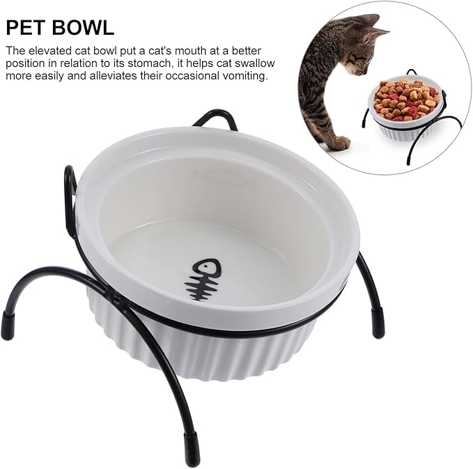 Milisten Ceramic Cat Food Bowl and Raised Iron Stand Set, Neck Protection Pet Feeding Bowls, White Fishbone Ceramic Dish with Black Cat Ear Holder, Suitable for Cats’ Mealtime