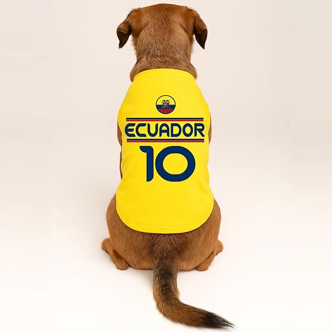 Ecuador Flag Soccer Jersey Style Dog Tee Shirt | Sleeveless Breeds | International Soccer | Game Day |Yellow, Large 1787