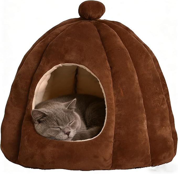 Cat Bed for Indoor Cats - Adorable Cozy Cat Cave with Removable Cushion, Super Soft Pet House Tent for Kittens & Small Pets, Warm & Washable Non-Slip Design(M 17.7 inch Brown)