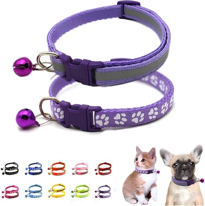 Puppy Collar with Bell, 2-Pack Basic & Reflective Cat Collar with Bells for XXS Xs Small Pet Dogs Boy Tiny Kitten Male Animal, Neck 7-12 inch (Purple)