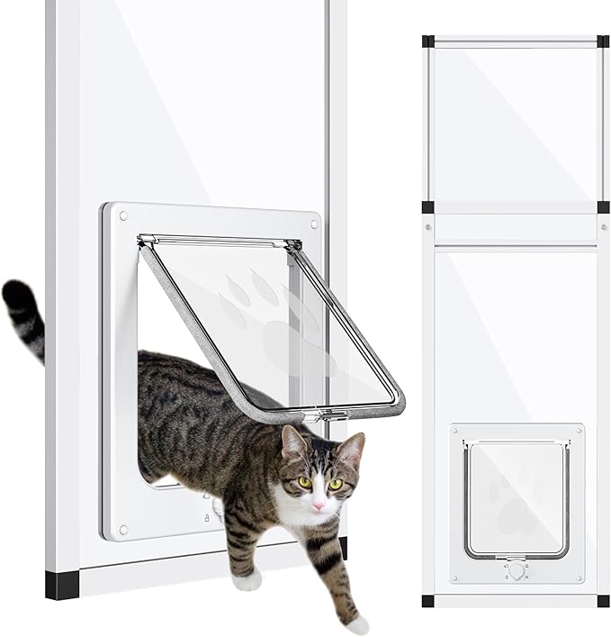 Vertical Cat Door for Window, Fits 31"-42" Height Window, 1-Min Install | Aluminum Frame + HD Glass | Weatherproof Design | Magnetic Closure Window Cat Door Insert, Adjustable Pet Door Window for Cats