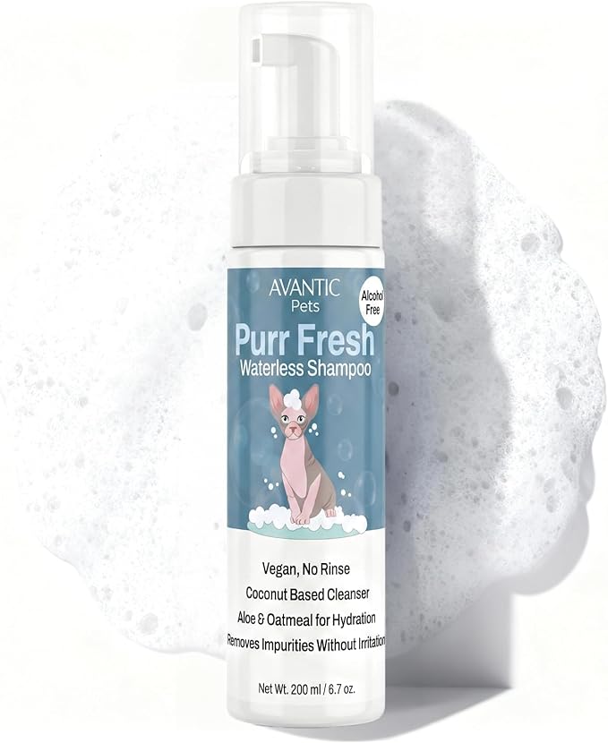 Avantic Pets Sphynx Cat Dry Shampoo, Waterless No-Rinse Skin Cleanser for Hairless Cats, Alcohol & Paraben Free, Hydrates & Soothes, 200ml
