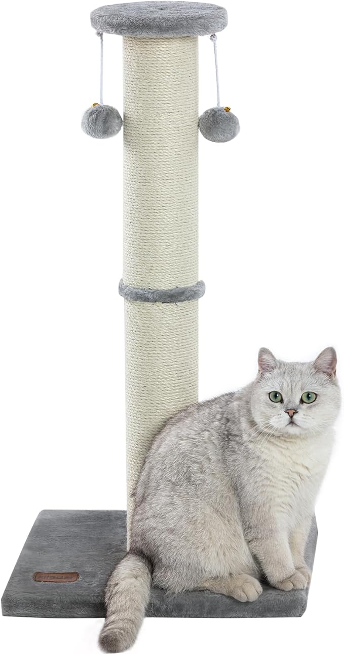 34Inch Tall Cat Scratching Post,4.3Inch Diameter Large Sisal Cat Scratch Post with Ball, Sturdy and Durable Cat Scratcher for Indoor Cats Adults Grey