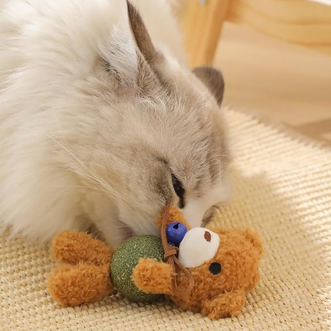 Cat Toys with Catnip Kitten Chew Bite Supplies Boredom Relief Fluffy Kitty Teeth Cleaning Chewing Cat Lovers Interactive Plush Gift (New Bear)