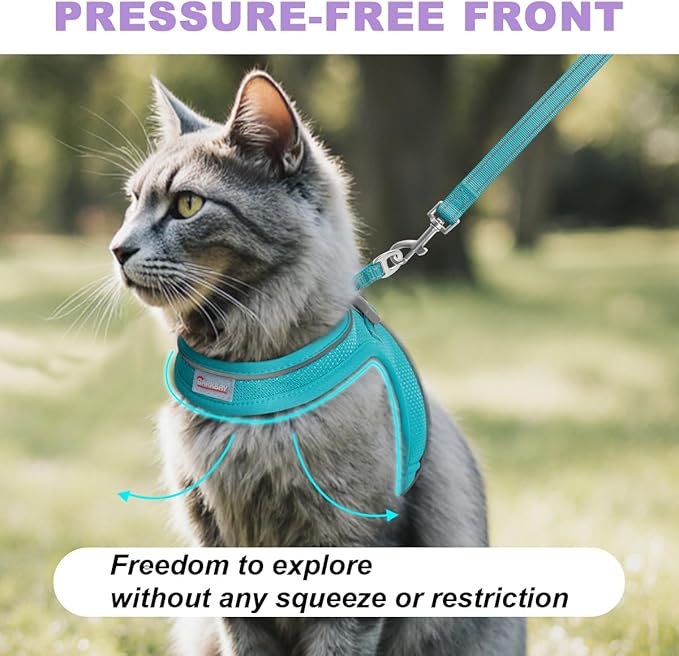 Cat Harness and Leash Set,Escape Proof Kitten Harness,Step in Adjustable Soft Lightweight,Easy Control,Reflective Strips Comfortable for Walking Travel(Ocean Blue,XS)
