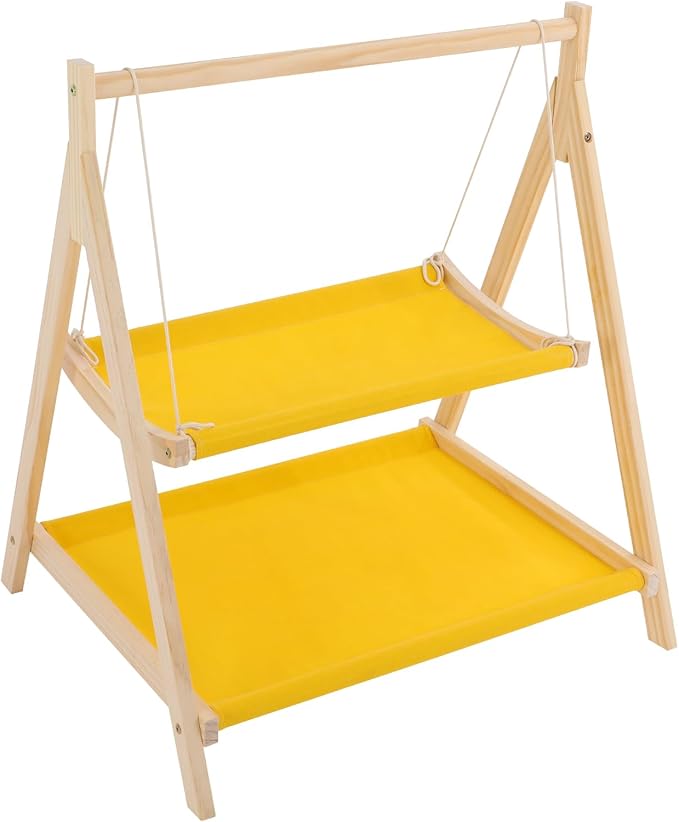 TFCFL Double Decker Cat Hammock Bed, Pine Wood & Cotton Cloth Cat Bunk Bed with Hanging Ropes, Elevated Cat Bed for Multiple Cats, Space Saving Cat Furniture for Indoor Cats (Yellow)