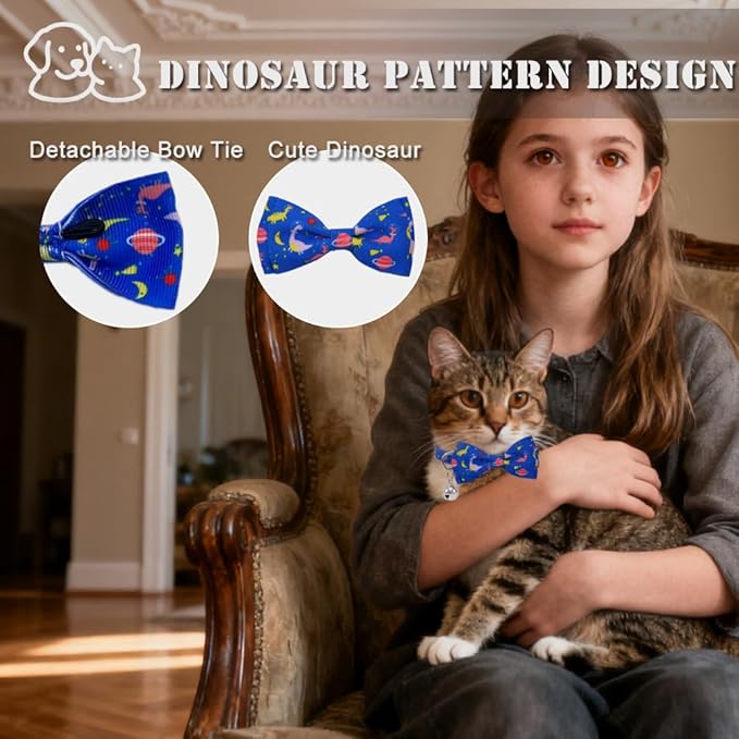 3 Pack Dinosaur Cat Collars with Bell Breakaway Safety Collar for Indoor Outdoor Cats - Soft Adjustable Cotton Kitten Collars with Cute Dino Design in Black, Navy, White