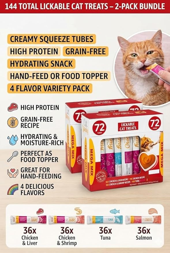 Lickable Cat Treats Squeeze Tubes 144 Pack | Grain-Free High-Protein Creamy Snacks | Chicken Tuna Salmon Beef Variety | All Life Stages Cats & Kittens