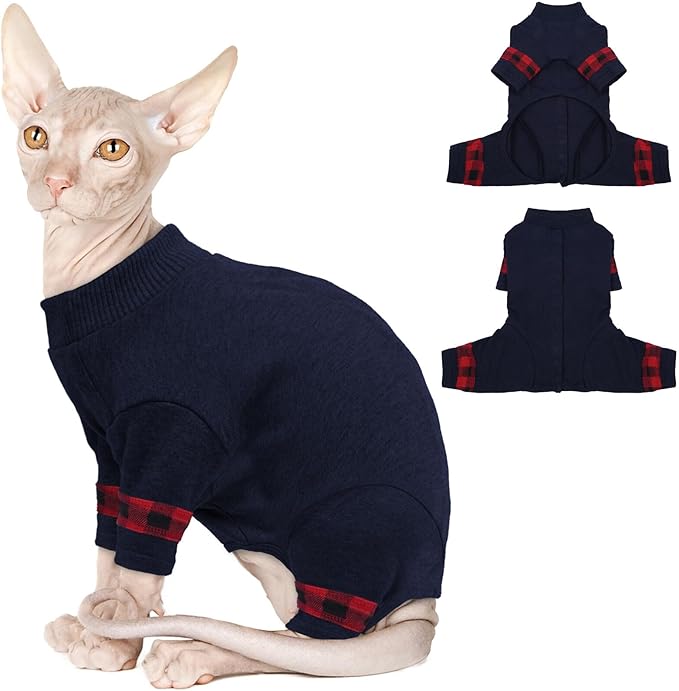 Sphynx Hairless Cats Sweater Shirt Kitten Soft Pullover Cute Cat Pajamas Jumpsuit Cotton Apparel Pet Winter Turtleneck for Cats DarkBlue XS