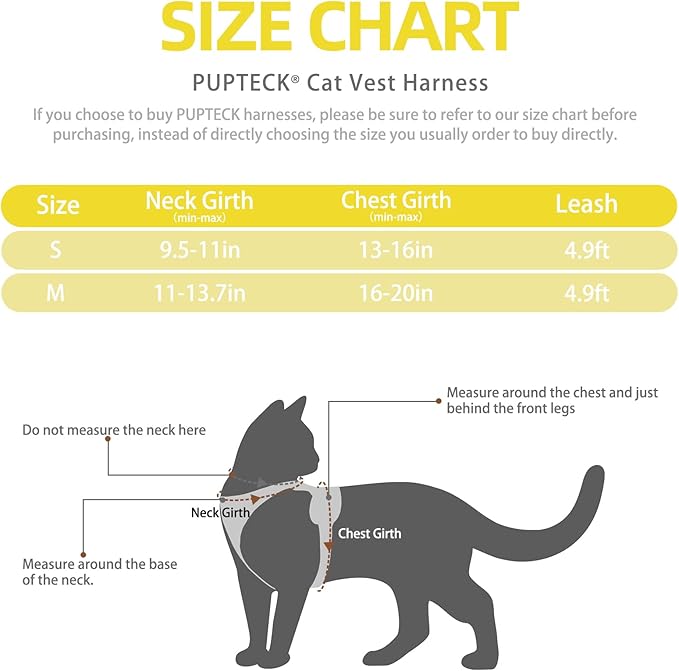 PUPTECK Cat Harness and Leash Set Escape Proof Reflective Cat Walking Harness Adjustable Soft Breathable Mesh Vest for Small Pets, Yellow Bee, M