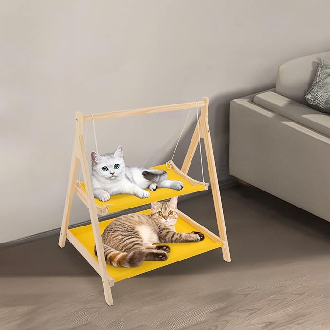 TFCFL Double Decker Cat Hammock Bed, Pine Wood & Cotton Cloth Cat Bunk Bed with Hanging Ropes, Elevated Cat Bed for Multiple Cats, Space Saving Cat Furniture for Indoor Cats (Yellow)