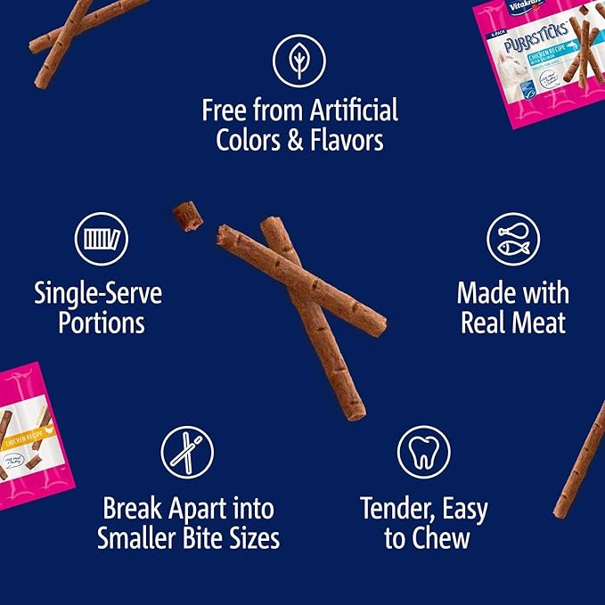 Vitakraft PurrSticks Cat Sticks, Chicken, 18 Sticks | Breakable Meatstick | Tender Texture | Pack of 3