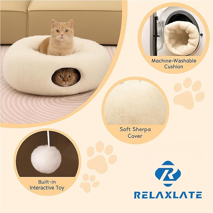 RELAXLATE Large Cat Tunnel Bed for Indoor Cats,Cat Bed, Cat Tunnel Christmas Tree Skirt, Cat Donut Tunnel Toys with Warm Soft Plush, for Cats, Kittens, Small Pets (White)