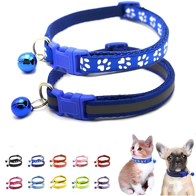 Puppy Collar with Bell, 2-Pack Basic & Reflective Cat Collar with Bells for XXS Xs Small Pet Dogs Boy Tiny Kitten Male Animal, Neck 7-12 inch (Dark Blue)