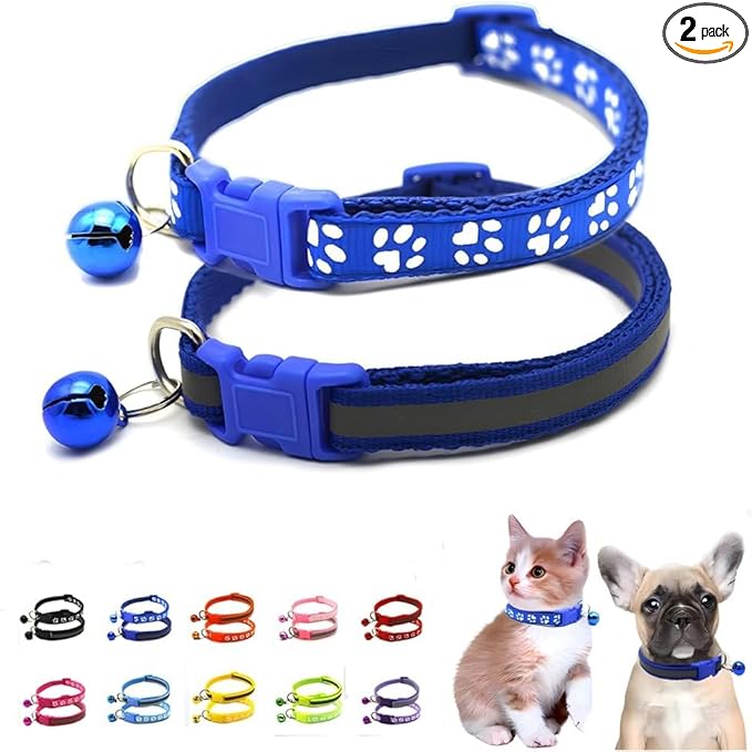 Cat Collar with Bell, 2-Pack Basic & Reflective Cat Collar with Bells for XXS Xs Small Pet Dogs Boy Tiny Kitten Girls Animal,Neck 7-12 Inch (Dark Blue, Neck 7-12")
